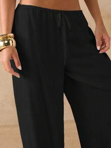 SHEIN BAE White Linen Low-Waist Loose Pants, Vacation Beach Trousers, Spring/Summer - Black - View 6