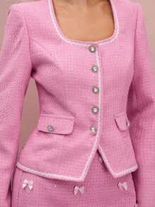 Enchnt 女士方领长袖单排扣时尚优雅夹克 - 粉色 - 查看 3