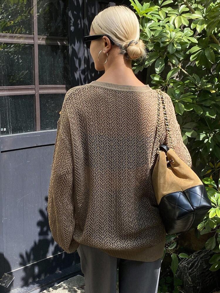 Women's Solid Color Loose Hollow Out Round Neck Tie Up Casual Street Knit Sweater, Autumn/Winter