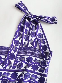 Sweetra 女式系腰碎花连衣裙，复古浪漫细肩带，红色别致，轻盈修身性感 - 紫色 - 查看 4