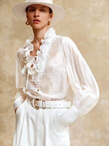 Arave French Lace V-Neck Ruffle Hem Lantern Sleeve Blouse For Women Fall Women Clothes Fall Outfits Women Fall Autumn Clothes All White - White - View 3