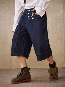 Manfinity Homme Men's Casual Loose Fit Multi-Pocket Wrinkle-Resistant Durable Dark Blue Denim Shorts, Streetwear Style, Spring/Summer - Dark Wash - View 4