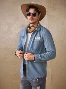 Manfinity Homme Camisa vaquera azul desgastada de corte slim, estilo urbano, para primavera, verano y otoño - Lavado ligero - Ver 4