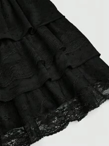 Lyrianda Plus Size Women Lace Multi-Layer Ruffled Hem Elegant Black Midi Skirt - Black - View 3