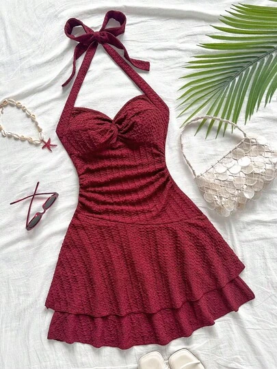 Soleia Red Mini Wrap Dress With Twist Neck, Gathered Waist, Double-Layer Hem For Vacation, Dating, Afternoon Tea, Holiday, Music Festival, Bohemian Style Red Beach Dress Sexy Vacation Dress Skirt Swimsuit Set