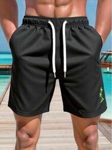 Surfspeed Men's Summer Vacation Coconut Tree Print Drawstring Waist Beach Shorts - Black - View 4
