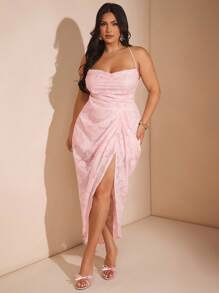 SHEIN BAE Christmas Plus Size Women's Summer Red Chiffon Split Thigh Graduation Dress/Halloween Plus Size Costume/Wedding Guest Dress Women Petite Dresses For Women