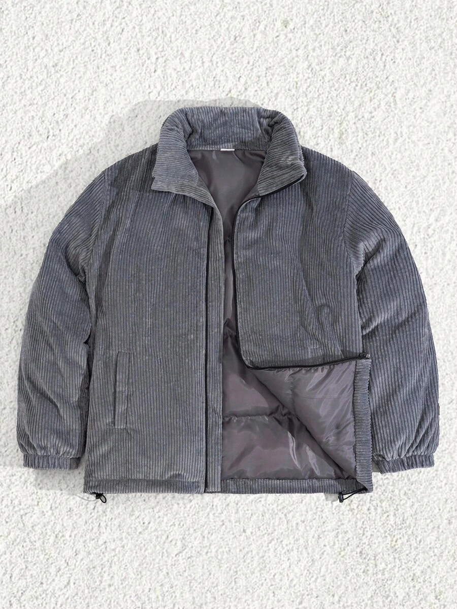 EURMUSE Herren Wintermantel aus hochwertigem Cord-Stoff mit Patches, Regular Passform - Grau - Übersicht 1