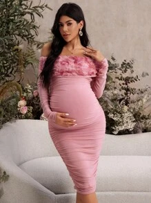 SHEIN MaterniChic 孕妇露肩褶皱紧身连衣裙，优雅派对长礼服，粉色 - 粉色 - 查看 3