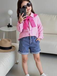 SHEIN 年轻女孩编织条纹宽松休闲披肩领衬衫 - 粉色 - 查看 7