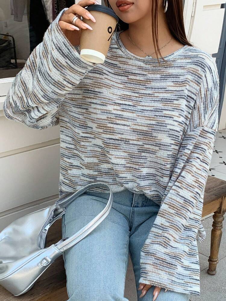 Dazy Plus Plus Size Asymmetrical Striped Flare Sleeve Crew Neck T-Shirt For Plus Size Women