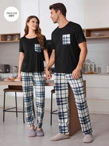 Men's Plaid Print Casual Couple Top & Pants Pajama Set - Black - View 1