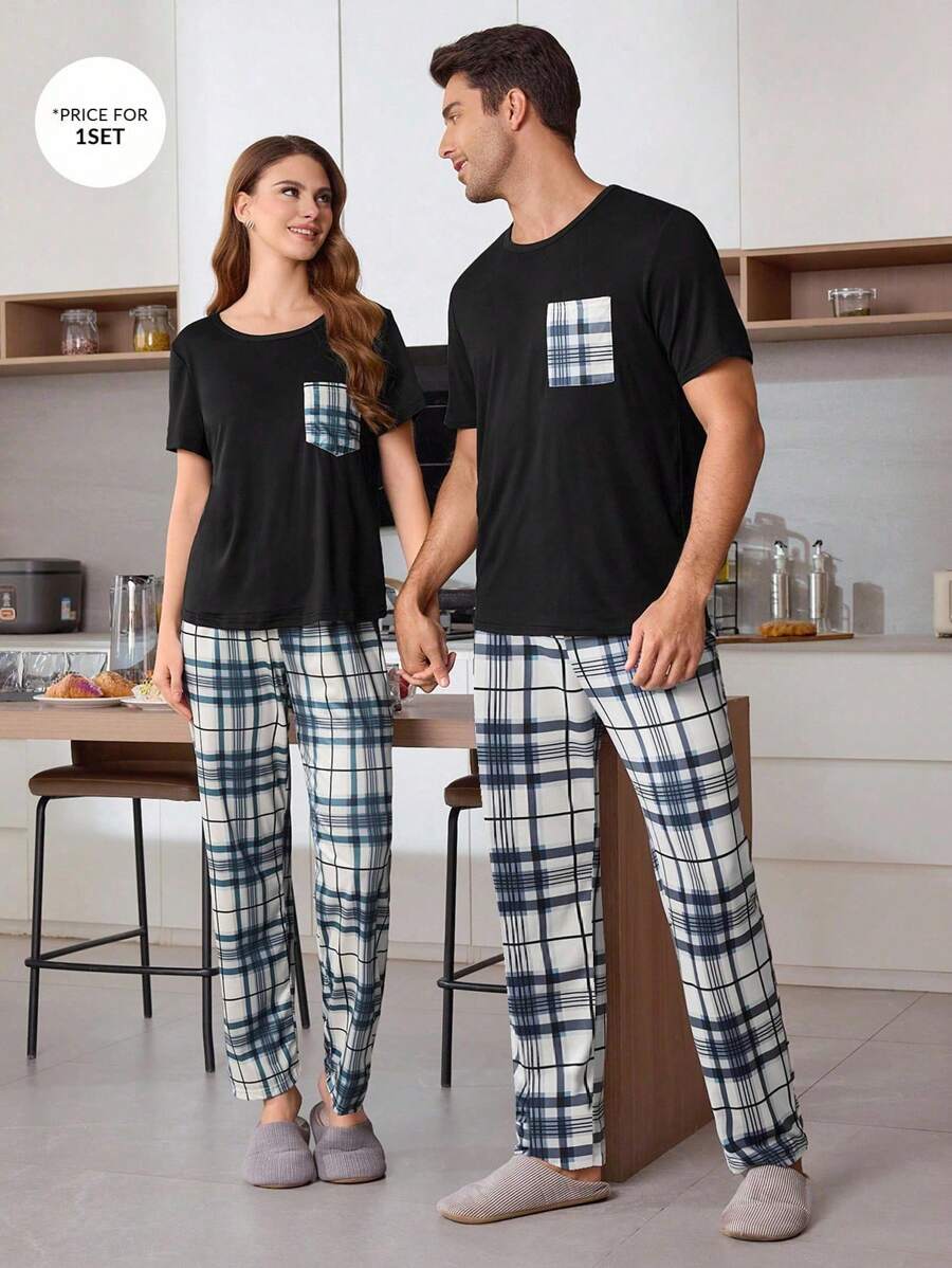Men's Plaid Print Casual Couple Top & Pants Pajama Set - Black - View 1