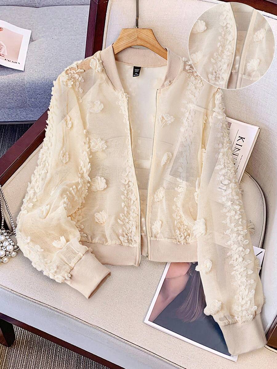 SHEIN Clasi 大码女式纯色提花透明长袖前开优雅休闲常规拉链轻便夹克 - 杏色 - 查看 1