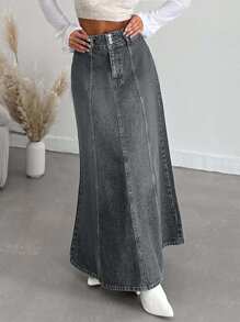 EURMUSE Casual Washed High Waist Long Denim Skirt - Light Grey - View 4