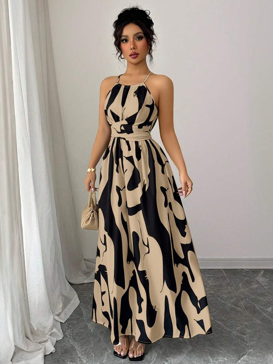 Elenzga Váy maxi chữ A họa tiết hoa bất đối xứng cổ yếm hở vai thanh lịch dành cho nữ, thiết kế xoắn xếp nếp, màu sắc rực rỡ, xuân/hè - Màu Khaki - Xem 1