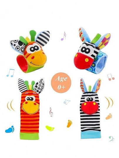 SHEIN Basic living 4PCS Soft Fabric Rattles Hand Foot Toys Wrist Rattle Socks Sensory Stimulation Developmental Play Set Assorted Colors Gender Neutral Gift For Baby Shower Newborn 0-12 Months Early Learning Educational Toys First Year Milestone Sensory Play Safe Lightweight Interactive Fun Activity Set
