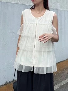 FRIFUL 女式拉链T恤，分层网眼褶皱设计，宽松休闲百搭夏季，适合音乐节 - 白色 - 查看 6