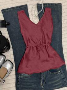 INAWLY Women's Solid Color Front Tie V-Neck Camisole - Burgundy - View 2