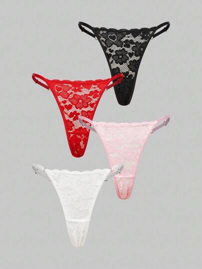 4pcs/Set Women Lace Trim Bow Thong Panties