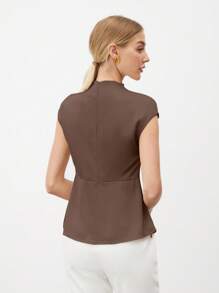 SHEIN BIZwear 女式简约纯色优雅褶皱衬衫，夏季 - 棕色 - 查看 2