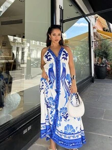 NegzBox 女士度假热带波西米亚蓝白花卉、鹦鹉印花挂脖系带休闲海滩夏季长裙 - 藍白色 - 查看 6