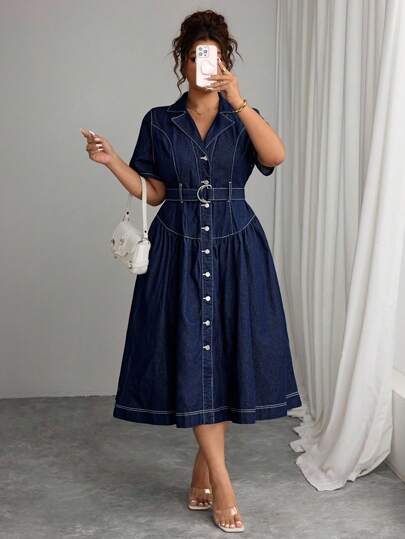 Elenzga 大码女式休闲度假优雅海军蓝无弹力牛仔连衣裙