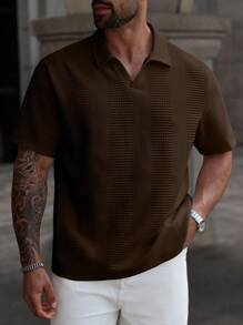 Manfinity Homme Kemeja Polo Lengan Pendek Polos Kasual Pria Ukuran Besar, Musim Panas - Coffee Brown - View 4