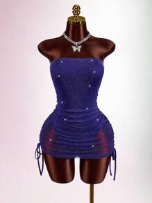 Amplova 性感透明闪光抽绳设计女士抹胸迷你连衣裙