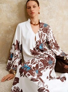 Revavyn Revavyn Women's White And Blue Floral Elegant Autumn Blouse,Stand Collar V-Neck Hollow Out Flowy Top For Brunch,Holiday,Vacation,Nashville,Boho Tops - White - View 7