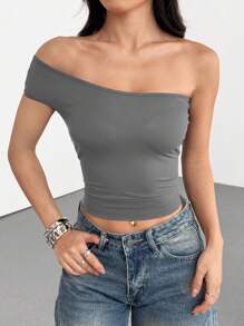 SHEIN EZwear 1pc Women's Grey Knitted Versatile Fitted Sweater Top - Dark Grey - View 6