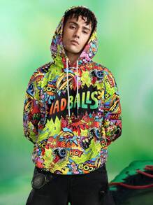 MADBALLS X SHEIN Men's Casual Street Cartoon & Letter Graphic Pocket Drawstring Hoodie, Spring/Autumn - Multicolor - View 1