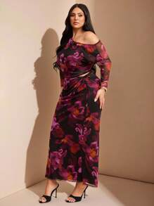 SHEIN BAE Plus Size Women's Date Night Minimalist Elegant Comfortable Asymmetric Neck Pleated Top And Low Waist Twist Knot Skirt Elegant Lady's 2 Pieces Set/Fall Two Pieces Sets/Top And Skirt Set/Knit Set,Purple And Black Printed Long Mesh Two Pieces Suit,Fall Women Clothes,Halloween,Back To School Clothes,School Clothes,Christmas,Winter,Summer Dresses For Women,Wedding Guest Dress Women Curve,Plus Size Dresses,Birthday Outfits For Women,Vacation Outfits Woman,Formal Dresses For Women,Western Wear Women,Purple Set,Mesh - Purple - View 6