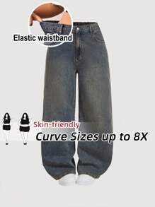 SHEIN CURVE+ 大码复古蓝色牛仔裤高腰阔腿裤Y2K复古穿舒适松紧腰秋季新品女装秋装 - 深色水洗藍 - 查看 1