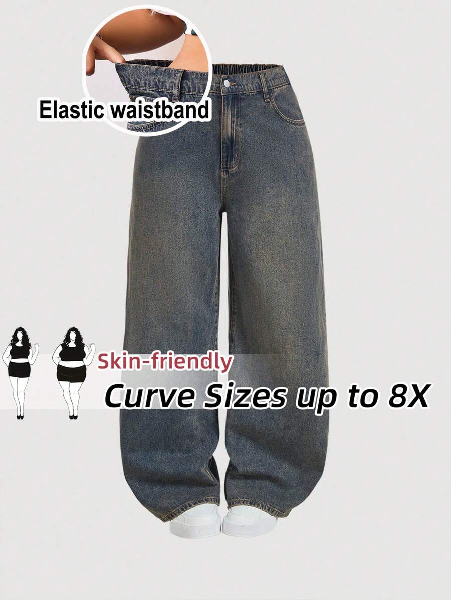 SHEIN CURVE+ 大码复古蓝色牛仔裤高腰阔腿裤Y2K复古穿舒适松紧腰秋季新品女装秋装 - 深色水洗藍 - 查看 1