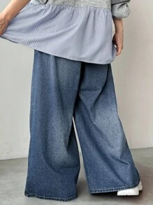 FRIFUL 女士口袋宽松阔腿休闲百搭牛仔裤 - 藍色 - 查看 4