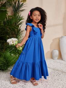 Young Girl Vacation Casual Fashion Woven Solid Color Open Back Sundress - Dark Wash - View 5