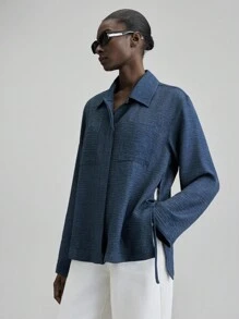 Ontre 2025 New Women's Clothing, Autumn/Winter Apparel, All Season Wear, Winter Outfits, Back To School Looks For Women, Halloween & Christmas Outfits, Women's Teacher Attire, Casual Outings, Night Out Dresses, Wedding Guest Formal Wear, Elegant Wedding Guest Dresses, Church Attire For Women, Business Casual, Women's Business Casual Wear, Versatile Basics, Blouses, Chest Pocket Long Sleeve Shirt Collar Jacket, Women's Shirts,Fall Tops - Medium Wash - View 6