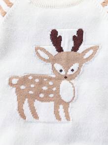 SHEIN 男婴针织毛衣，长袖连体裤，鹿提花图案，条纹拼色设计，休闲时尚，适合秋冬季日常穿着、居家、户外、旅行 - 彩色 - 查看 6