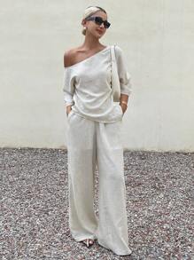 Livesso 2pcs/Set Women's Loose Casual Cotton Linen Style Solid Color Outfit, Autumn - White - View 6