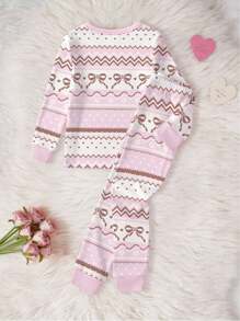 青少年女孩睡衣套装，可爱蝴蝶结印花针织贴身长袖上衣和裤子，秋冬 - 粉色 - 查看 2