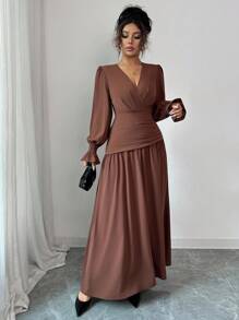 Selianne 女式优雅复古正式办公室通勤休闲节日派对咖啡棕色 V 领腰部褶皱 A 字秋季连衣裙，交叉系带和泡泡袖，秋冬 - 棕色 - 查看 6