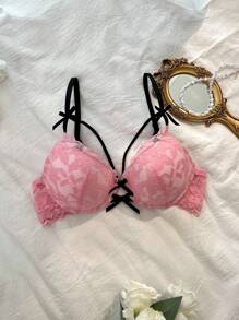 DelicateAllure Pink Lace Push Up Bra With Backless Design And Cute Bow Details, Cute Lace Bras Push Up  Cozy And Elegant Details Lingerie Bra - Pink - View 1