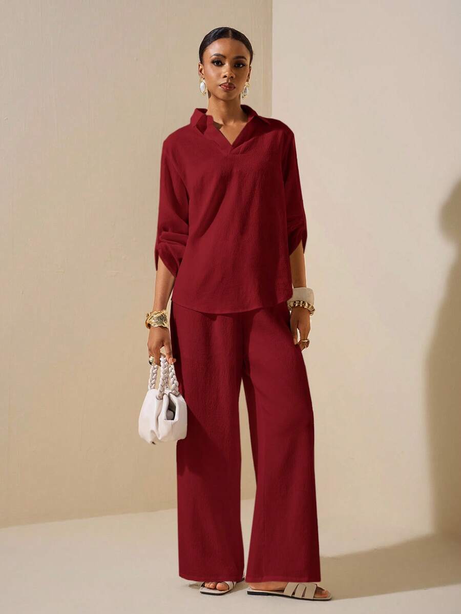 Zivah 2025新款夏季休闲优雅度假日常约会通勤工作服简约基础款翻领长袖落肩宽松衬衫+阔腿超长裤白色女两件套 - 紅色 - 查看 1