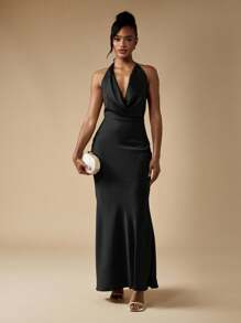 MISSGUIDED 晚礼服 围脖领长裙 正式舞会礼服 露背 挂脖 及地长裙 婚礼宾客派对舞会 优雅缎面垂坠 - 黑色 - 查看 5