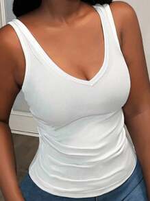 Slaydiva Plus Size Basic Casual White Deep V-Neck Narrow Rib Sleeveless Tank Top