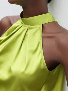 Maija Women's Lace-Up Satin Halter Neck Loose Shoulder Blouse Shirt, Dignified & Elegant Office Casual Wear - Olive Green - View 5