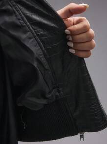 ROMWE EDITION Zipper Decor Deconstructed Hollow-Out PU Leather High Waist Super Short Motorcycle Jacket For Women - Black - View 3