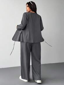 SHEIN EZwear Plus Size Women Front Tie Long Sleeve Jacket And Pants Casual Suit Set Grey Two Pieces Set Women Suit Set Office Outfits For Women Set Tie Front Blazer In Fall/Winter