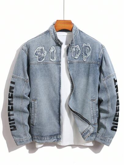 Manfinity Homme Plus Size Men's Letter Graphic Zip-Up Casual Denim Jacket Streetwear , Fall